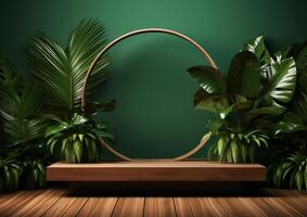 AI generated Cosmetics product advertising stand. Exhibition wooden podium on green background with leaves and shadows. Empty pedestal to display product packaging  photo-realistic photo