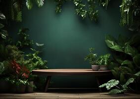 AI generated product advertising stand Exhibition wooden podium on green background with leaves and shadows Empty pedestal to display product packaging photo-realistic, realistic photo