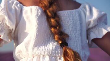 mujer en lavanda campo - contento dama en sombrero disfruta soleado día, errante en lavanda campo, apreciando naturaleza. niña caminar en medio de lavanda flores, vasto campo durante atardecer, capturar naturaleza belleza. video