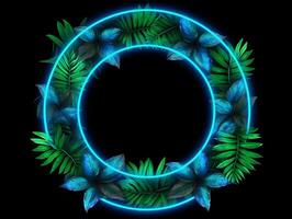 AI generated Green and Blue Neon Light with Tropical Leaves,Tropical leaf in neon colors photo