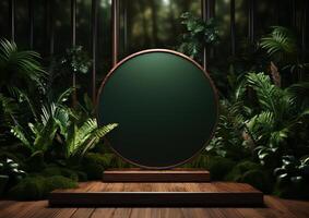 ai generado productos cosméticos producto publicidad pararse. exposición de madera podio en verde antecedentes con hojas y oscuridad. vacío pedestal a monitor producto embalaje fotorrealista, realista foto