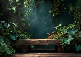 AI generated product advertising stand Exhibition wooden podium on green background with leaves and shadows Empty pedestal to display product packaging photo-realistic, realistic photo