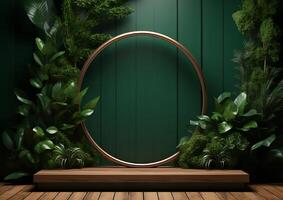 AI generated Cosmetics product advertising stand. Exhibition wooden podium on green background with leaves and shadows. Empty pedestal to display product packaging photo-realistic, realistic photo