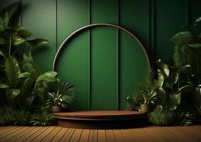 AI generated Cosmetics product advertising stand. Exhibition wooden podium on green background with leaves and shadows. Empty pedestal to display product packaging photo-realistic, realistic photo