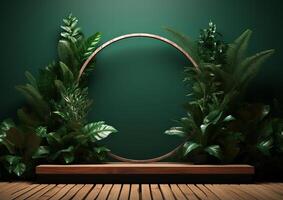 AI generated Cosmetics product advertising stand. Exhibition wooden podium on green background with leaves and shadows. Empty pedestal to display product packaging photo-realistic, realistic photo