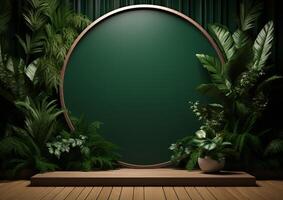 AI generated Cosmetics product advertising stand. Exhibition wooden podium on green background with leaves and shadows. Empty pedestal to display product packaging  photo-realistic photo