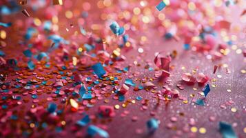 AI generated Vibrant Confetti and Streamers on Pink Background photo
