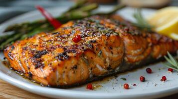 ai generado salmón y espárragos en blanco plato foto