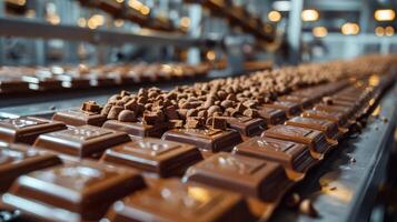 AI generated Row of Chocolate Bars on Conveyor Belt photo