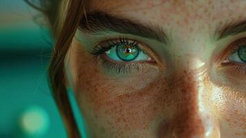 ai generado cerca arriba retrato de un mujer con azul ojos foto