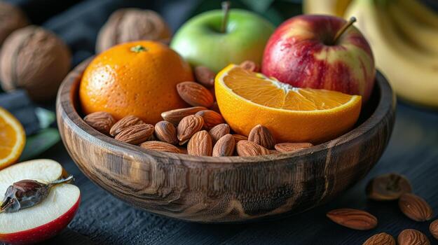 AI generated Wooden Bowl With Assorted Fruits and Nuts photo