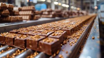 ai generado fila de chocolate barras en transportador cinturón foto