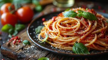 AI generated Plate of Spaghetti With Tomato Sauce and Basil photo