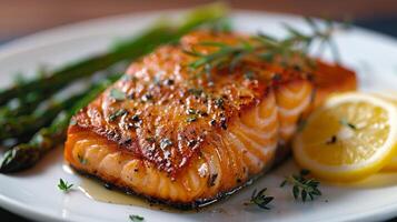 AI generated Salmon and Asparagus on White Plate photo