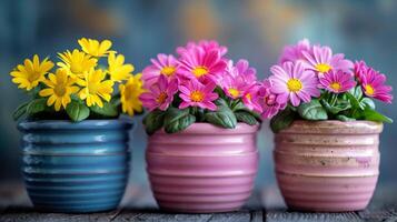 ai generado Tres ollas con flores en mesa foto