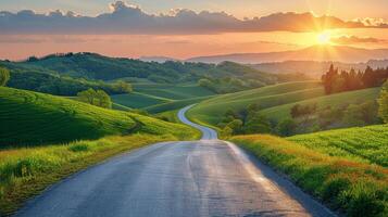 AI generated Empty Road Cutting Through Field photo