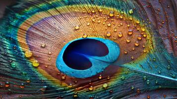 AI generated Close Up of Peacock Tail With Water Drops photo