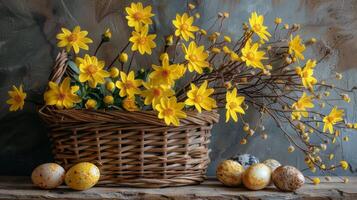 ai generado cesta con amarillo flores y huevos foto