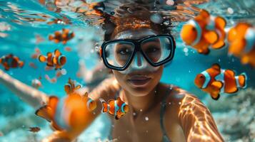 AI generated Woman Wearing Mask and Goggles Underwater photo