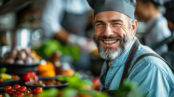 ai generado sonriente hombre vistiendo cocinero sombrero y delantal foto