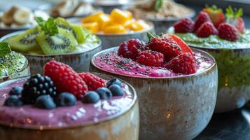 AI generated Three Bowls Filled With Different Types of Fruit photo