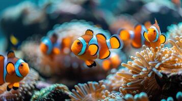 AI generated Group of Clown Fish Swimming in Aquarium photo