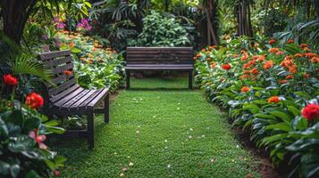 AI generated Wooden Bench in Garden photo