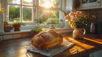 AI generated Loaf of Bread on Wooden Table photo