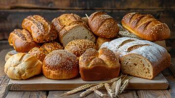 AI generated Bread Assortment on Wooden Cutting Board photo