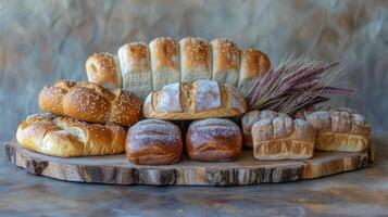 AI generated Three Loaves of Bread on Cutting Board photo