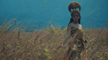 étnico mujer en tradicional atuendo en pie en un campo con un sereno expresión, rodeado por naturaleza. video