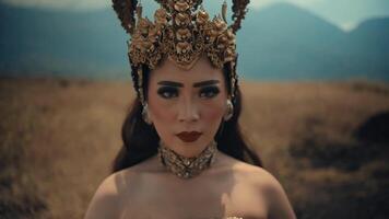 Elegant woman in traditional headdress posing in a field with mountains video