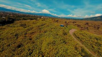 expansivo ver de un lozano, verde Valle con laminación colinas debajo un brillante azul cielo con dispersado nubes video