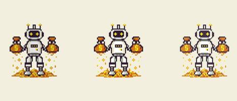 vector pixel icon with a robot holding gold in his hands, he stands on gold on a white background