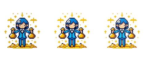 vector pixel icon with an office worker in a blue suit holding gold in his hands, he stands on gold on a white background