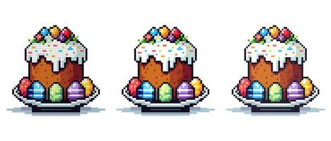 vector pixel icon with Easter cake on a large plate, around it are multi-colored colored eggs on a white background, Easter holiday