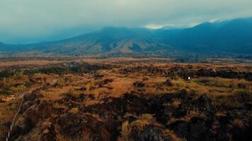 cênico Visão do uma grande panorama com seco pastagem e uma montanha alcance envolto dentro névoa video