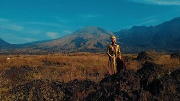 Local person standing in a vast field with a majestic mountain in the background video