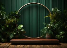 AI generated Cosmetics product advertising stand. Exhibition wooden podium on green background with leaves and shadows. Empty pedestal to display product packaging  photo-realistic photo