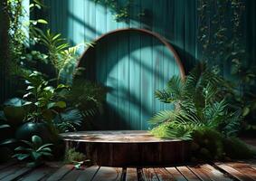 AI generated product advertising stand Exhibition wooden podium on green background with leaves and shadows Empty pedestal to display product packaging photo-realistic, realistic photo