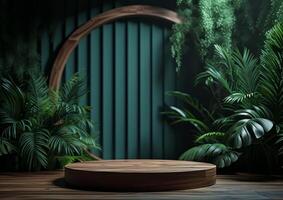 AI generated Cosmetics product advertising stand. Exhibition wooden podium on green background with leaves and shadows. Empty pedestal to display product packaging  photo-realistic photo