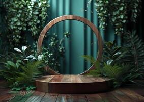 AI generated Cosmetics product advertising stand. Exhibition wooden podium on green background with leaves and shadows. Empty pedestal to display product packaging photo-realistic, realistic photo