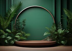 AI generated Cosmetics product advertising stand. Exhibition wooden podium on green background with leaves and shadows. Empty pedestal to display product packaging  photo-realistic photo