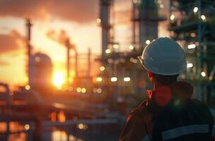 ai generado ingeniero o técnico a el petróleo y gas refinería planta a puesta de sol o amanecer hora foto