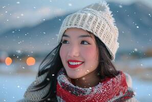 AI generated Beautiful asian woman in snow winter season with happy and smile photo