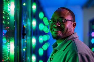 AI generated Portrait of young man standing with arms crossed against server room in data center photo