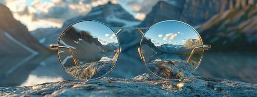 AI generated Sunglasses on a background of snow-capped mountains. photo