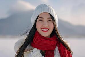 ai generado hermosa asiático mujer en nieve invierno temporada con contento y sonrisa foto