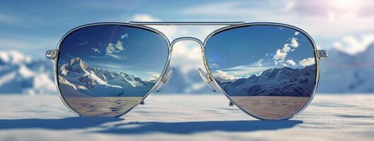 AI generated Sunglasses on a background of snow-capped mountains. photo