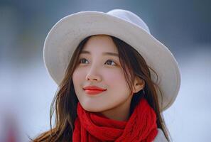 AI generated Beautiful asian woman in snow winter season with happy and smile photo